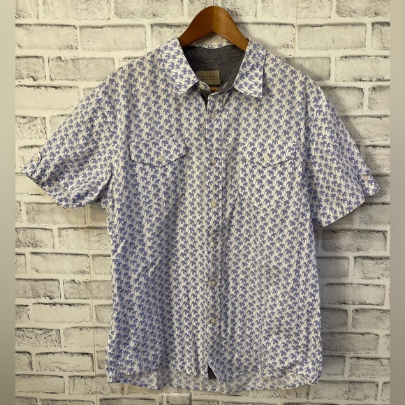 Men’s JACHS white with blue elephant print SS button down collared shirt, Large - Picture 1 of 5